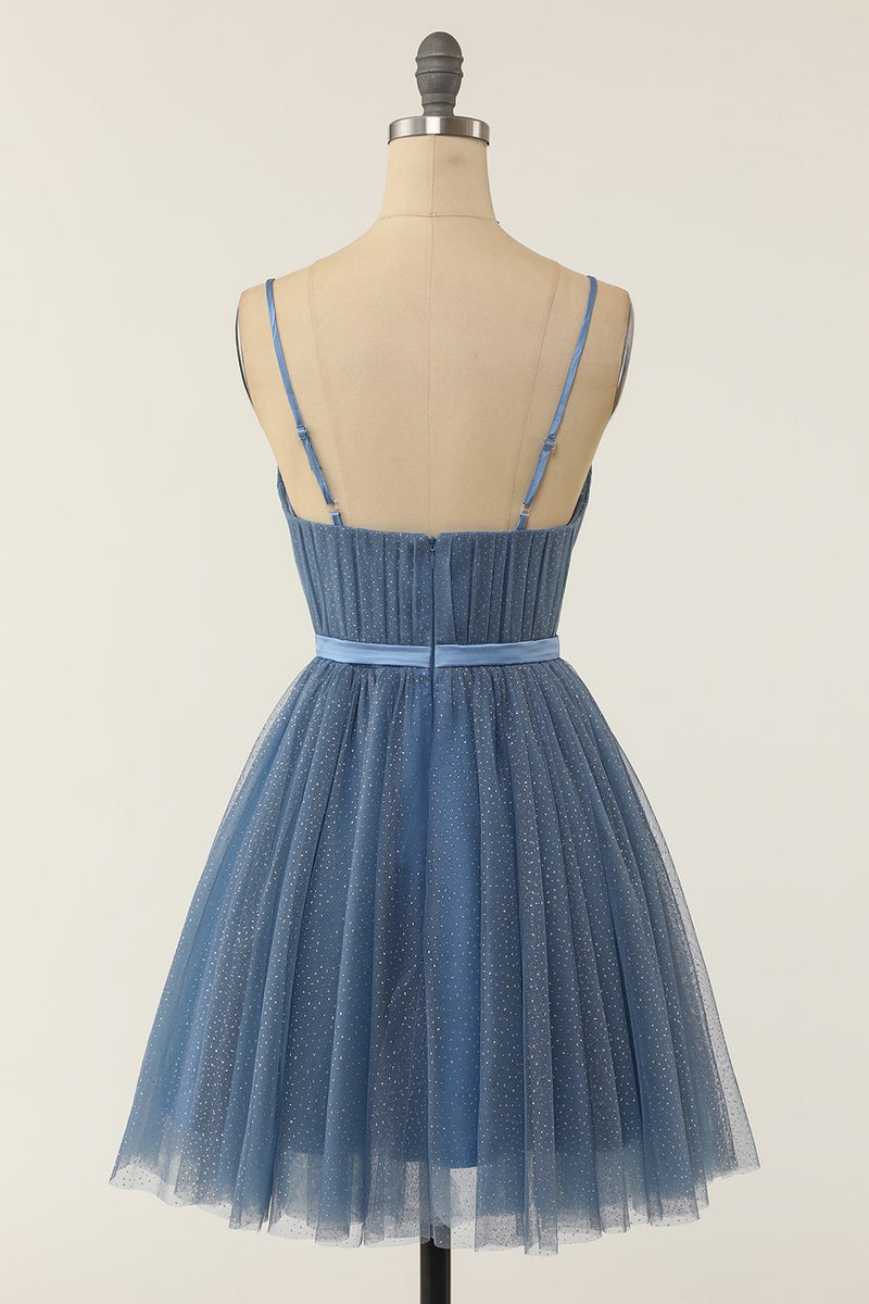 Load image into Gallery viewer, A Line Spaghetti Straps Blue Grey Short Cocktail Dress