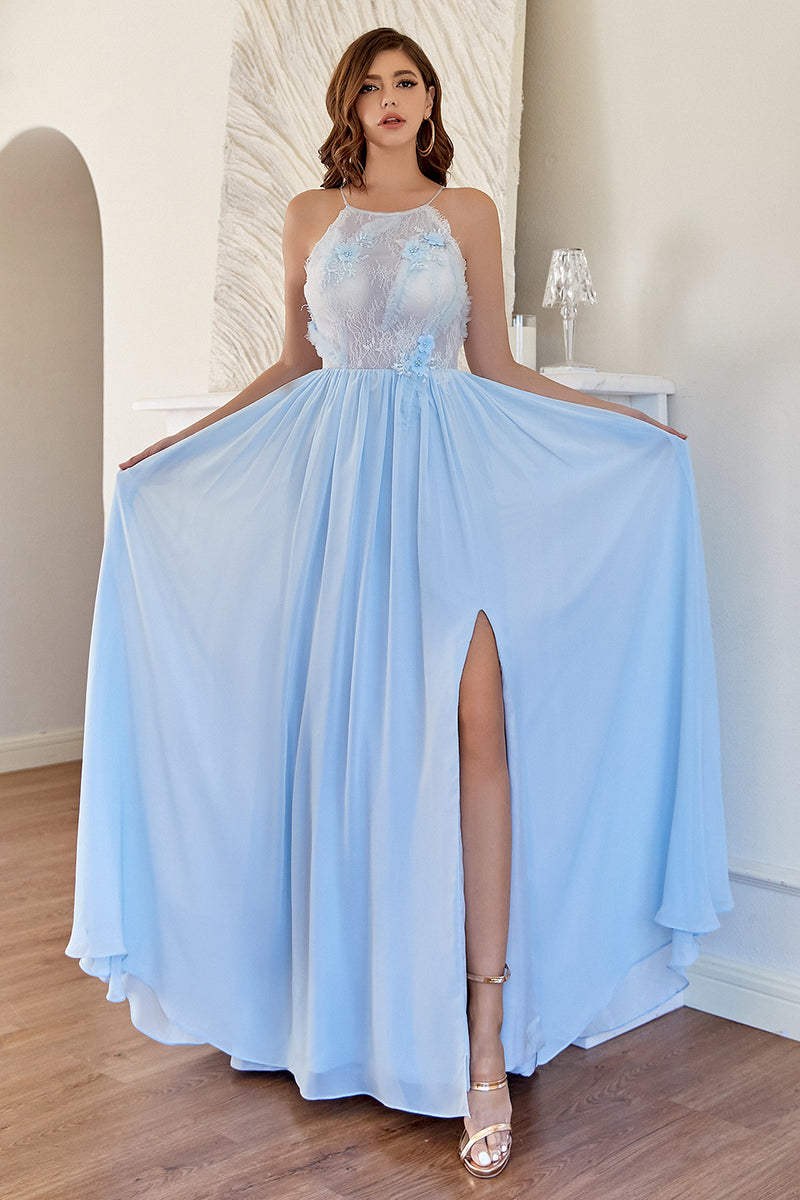 Load image into Gallery viewer, Halter Light Blue Bridesmaid Dress