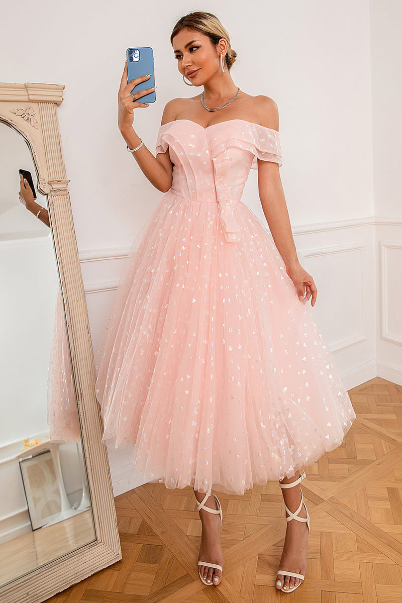 Load image into Gallery viewer, Pink Off Shoulder Hearts Prom Dress