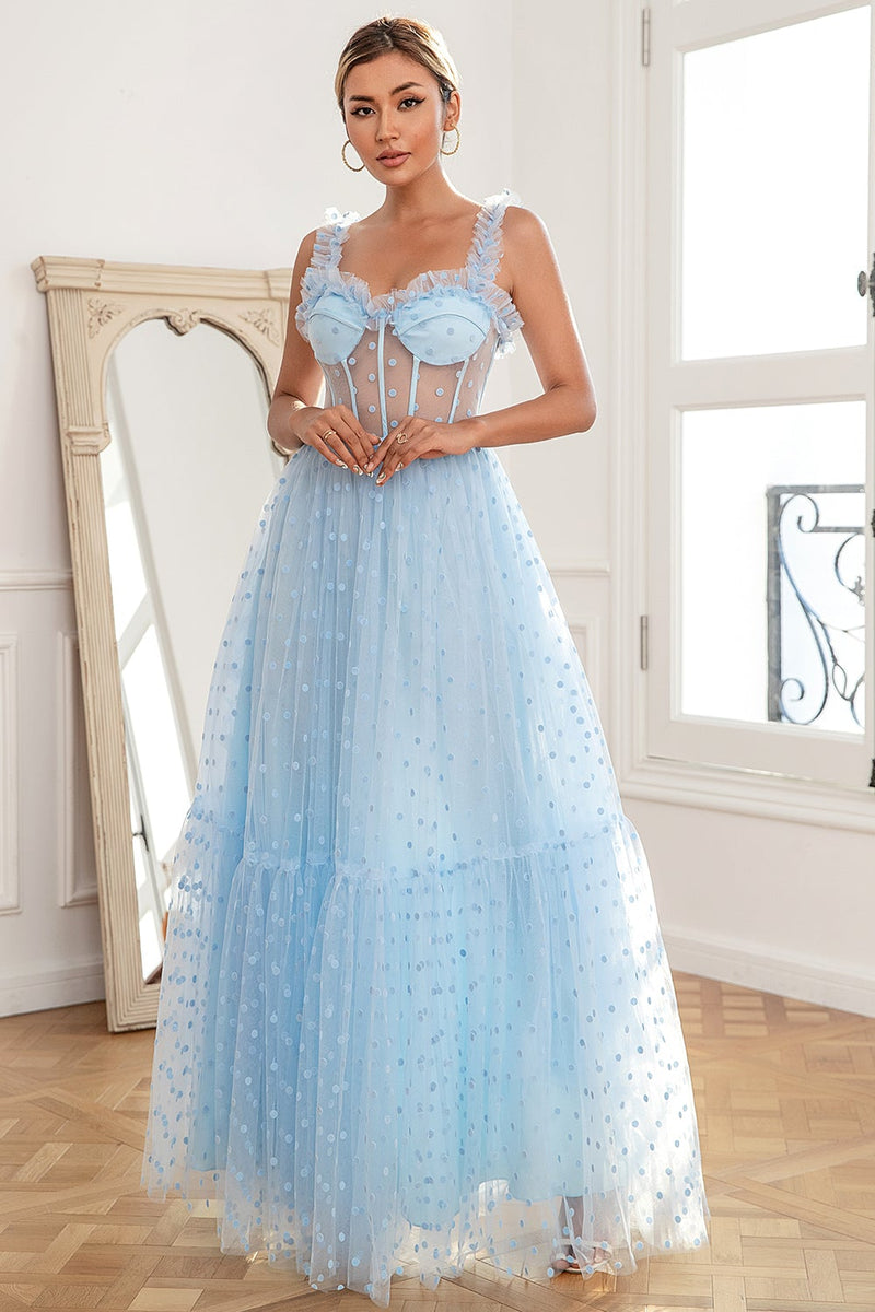 Load image into Gallery viewer, Sky Blue Polka Dots Tulle Prom Dress