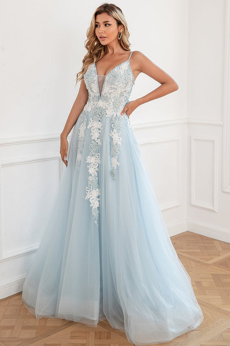 Load image into Gallery viewer, Light Blue Appliques Tulle Prom Dress