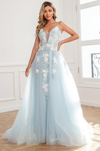 Light Blue Appliques Tulle Prom Dress