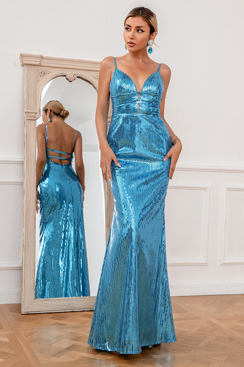 Load image into Gallery viewer, Mermaid Spaghetti Straps Blue Sequins Long Prom Dress
