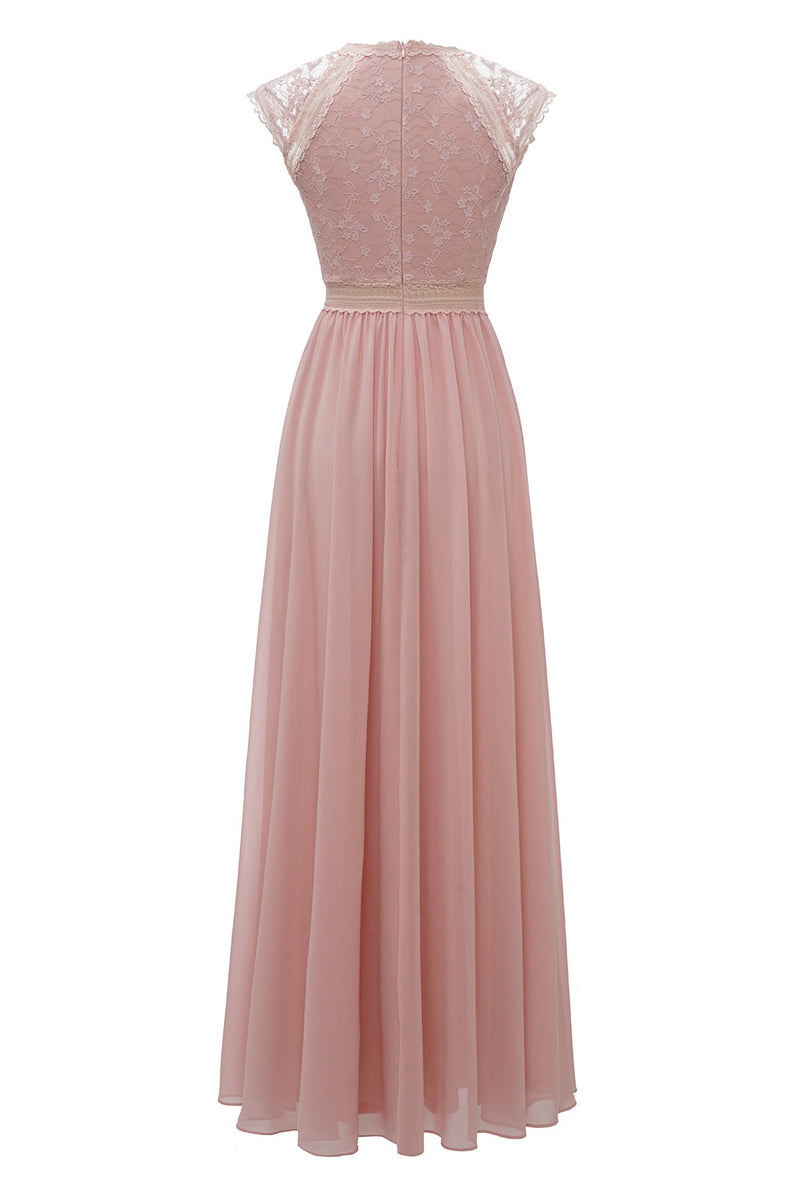Load image into Gallery viewer, Blush V Neck Lace Bridesmaid Dress