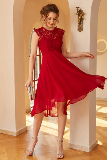 Dark Red Chiffon Lace Wedding Party Dress