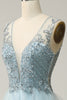 Load image into Gallery viewer, A Line Deep V Neck Light Blue Long Prom Dress with Appliques