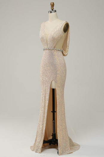 Sheath Deep V Neck Champagne Sequins Long Prom Dress with Split Front