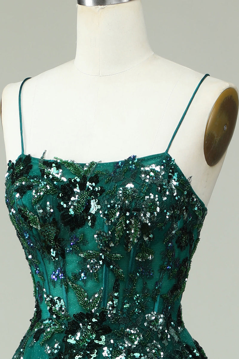 Load image into Gallery viewer, A Line Spaghetti Straps Dark Green Corset Prom Dress with Appliques