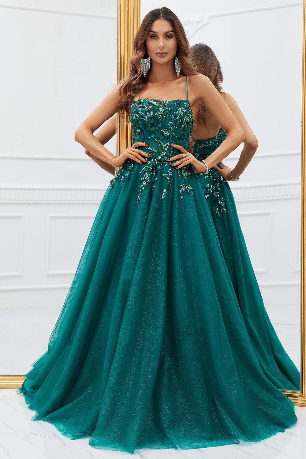 Zapaka Women Sparkly Dark Green Long Tulle Prom Dress with Appliques Spaghetti Straps Formal Dress ZAPAKA UK Zapaka Women Sparkly Dark Green Long Tulle Prom Dress with Appliques Spaghetti Straps Formal Dress ZAPAKA UK