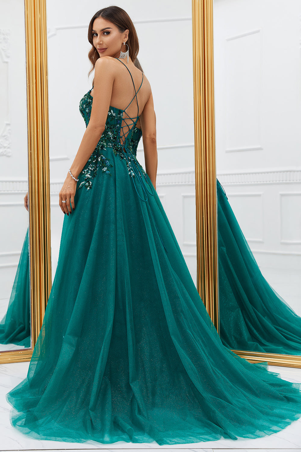 Zapaka Women Sparkly Dark Green Long Tulle Prom Dress with Appliques Spaghetti Straps Formal Dress ZAPAKA UK Zapaka Women Sparkly Dark Green Long Tulle Prom Dress with Appliques Spaghetti Straps Formal Dress ZAPAKA UK