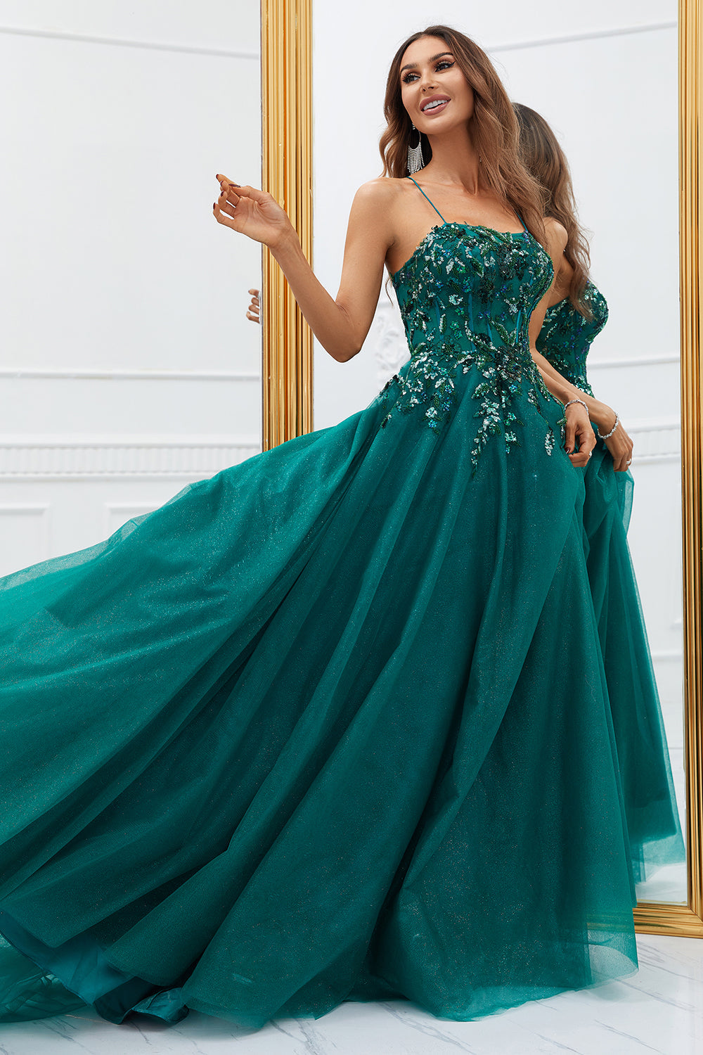 Zapaka Women Sparkly Dark Green Long Tulle Prom Dress with Appliques Spaghetti Straps Formal Dress ZAPAKA UK Zapaka Women Sparkly Dark Green Long Tulle Prom Dress with Appliques Spaghetti Straps Formal Dress ZAPAKA UK