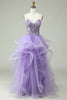 Load image into Gallery viewer, A Line Spaghetti Straps Purple Long Prom Dress with Appliques