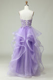 A Line Spaghetti Straps Purple Long Prom Dress with Appliques