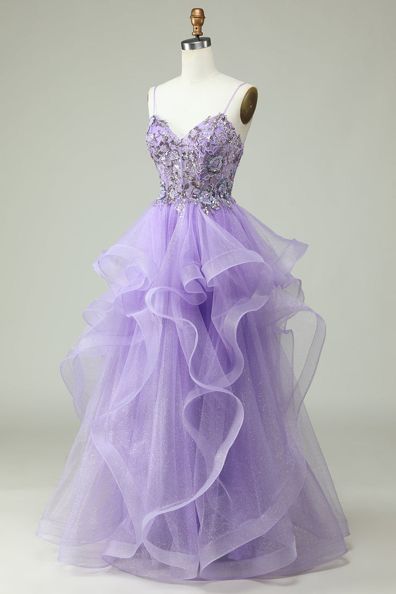 Load image into Gallery viewer, A Line Spaghetti Straps Purple Long Prom Dress with Appliques