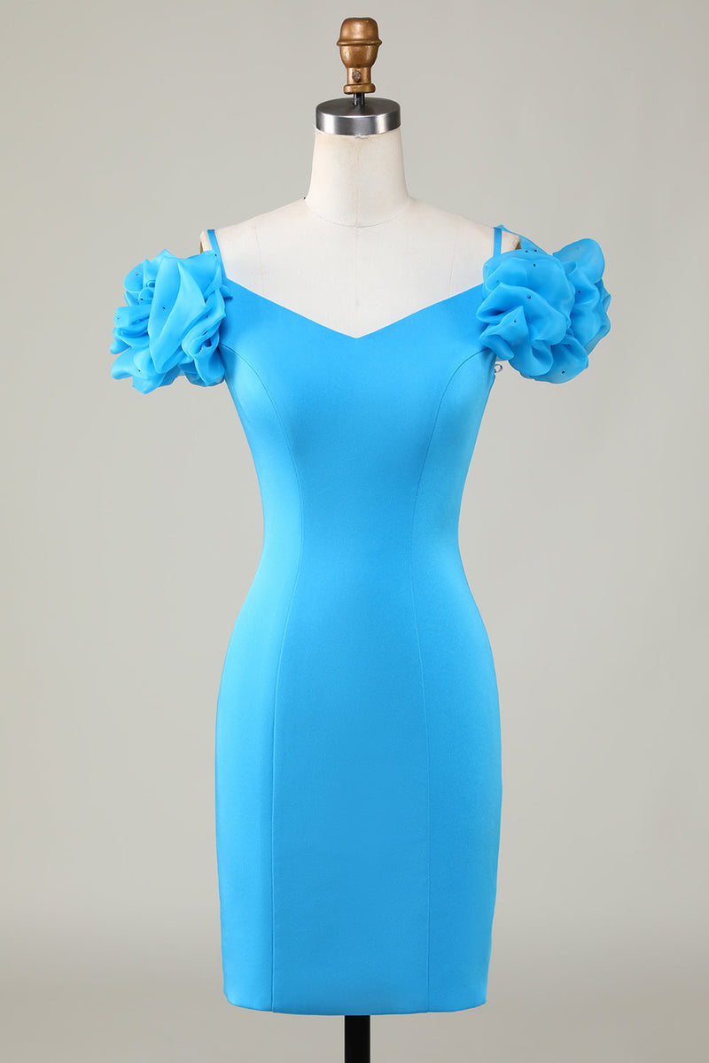 Load image into Gallery viewer, Bodycon Off the Shoulder Blue Cocktail Dress with Ruffles
