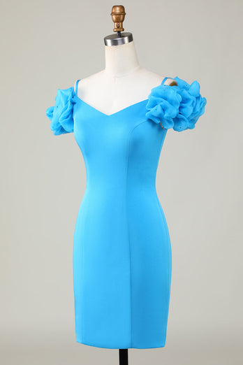 Bodycon Off the Shoulder Blue Cocktail Dress with Ruffles