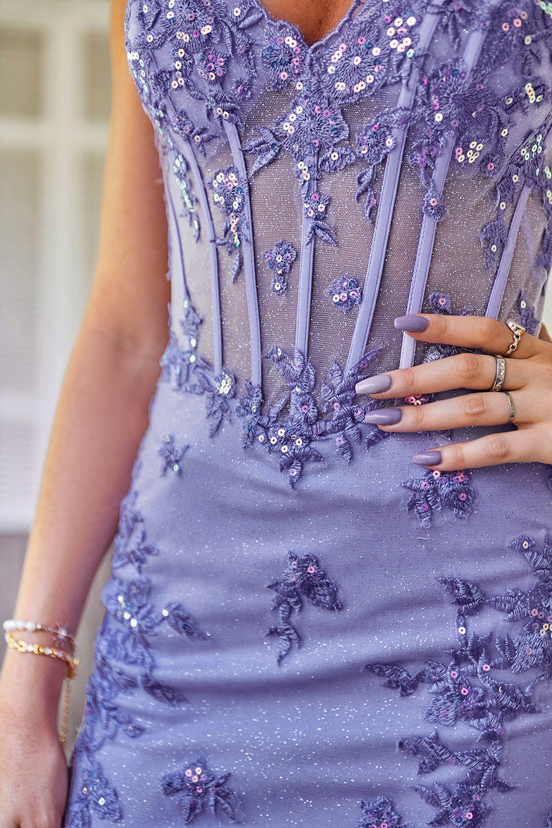 Load image into Gallery viewer, Sparkly Purple Corset Cocktail Dress with Appliques