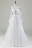 Ivory A-Line V-Neck Pleated Tulle Wedding Dress With Long Sleeves