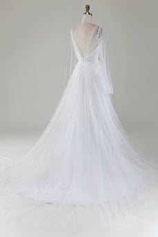 Ivory A-Line V-Neck Pleated Tulle Wedding Dress With Long Sleeves