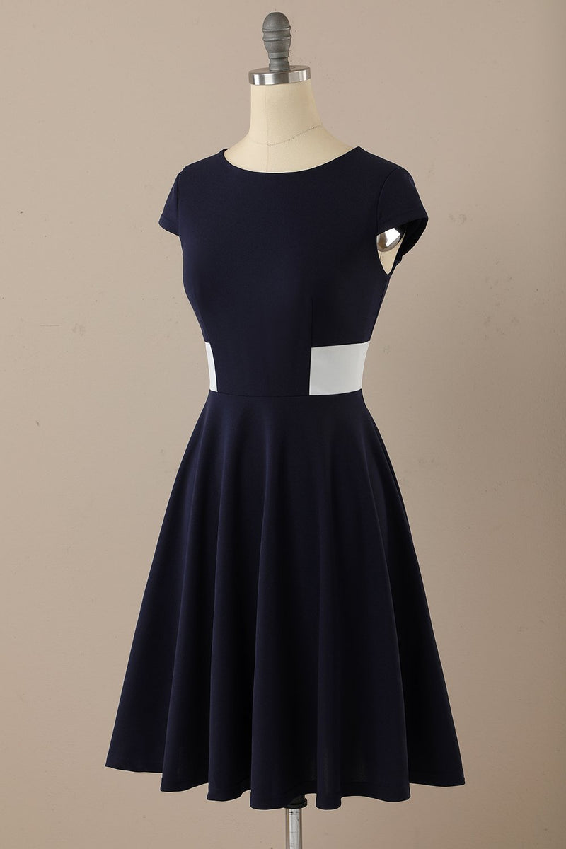 Load image into Gallery viewer, Navy Scoop 1950s Dress with Ruffles