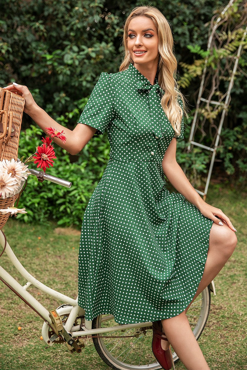 Load image into Gallery viewer, Green Polka Dots Vintage Summer Dress