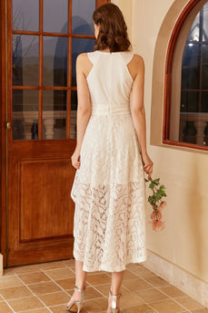 High Low White Sleeveless Party Dress with Lace
