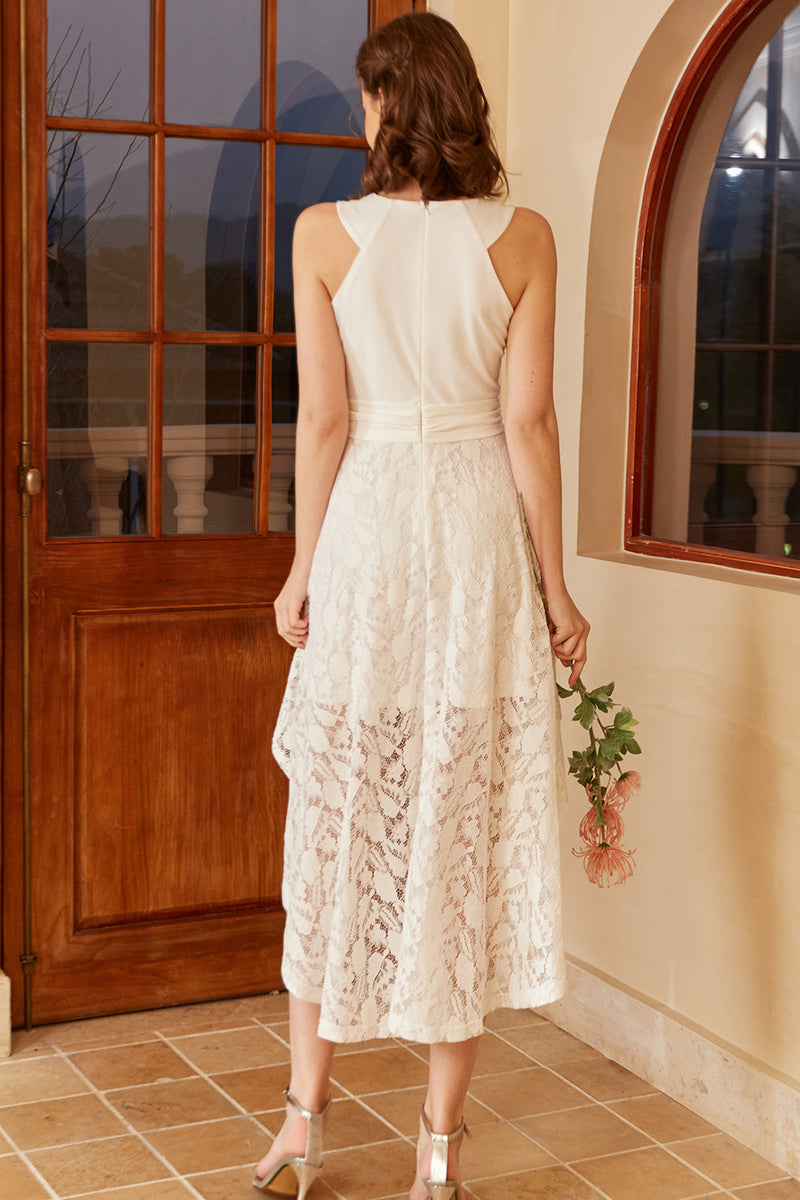 Load image into Gallery viewer, High Low White Sleeveless Party Dress with Lace
