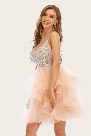 Pink Beaded Short Prom Dress