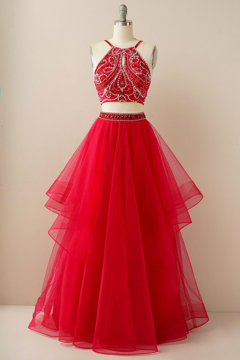 Load image into Gallery viewer, Two Pieces Halter Beaded Prom Dress