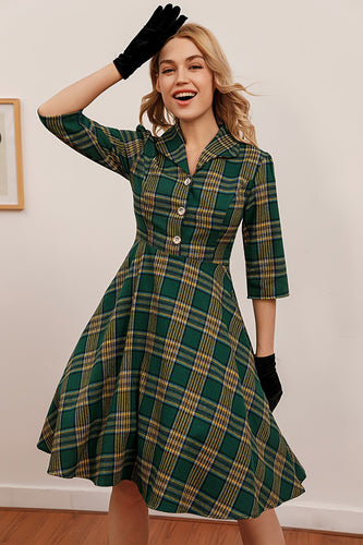 Green Plaid 3/4 Sleeve Dress