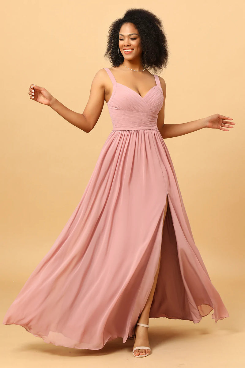 Load image into Gallery viewer, Beautiful A Line Blush Long Bridesmaid Dress with Split Front