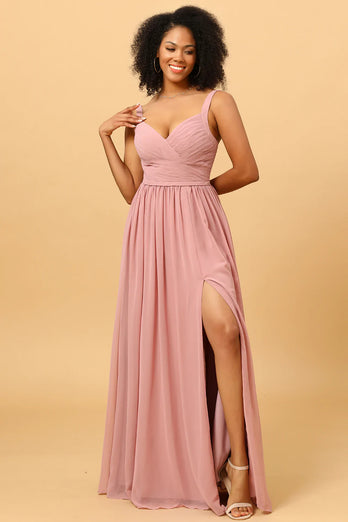 Beautiful A Line Blush Long Bridesmaid Dress with Split Front