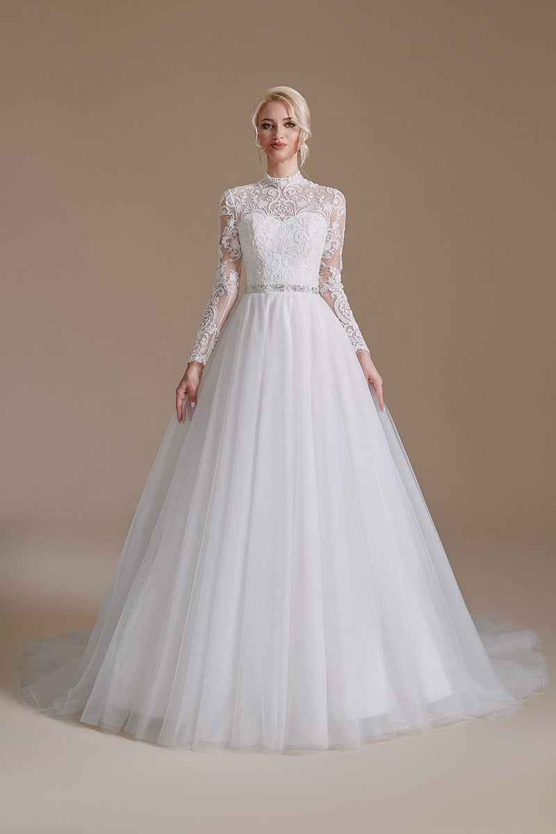 Load image into Gallery viewer, White A-Line High Neck Long Sleeves Wedding Dress with Lace