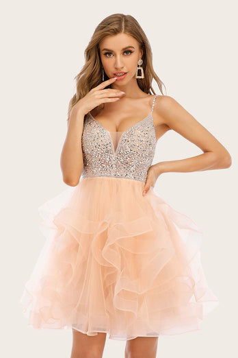 Pink Beaded Short Prom Dress
