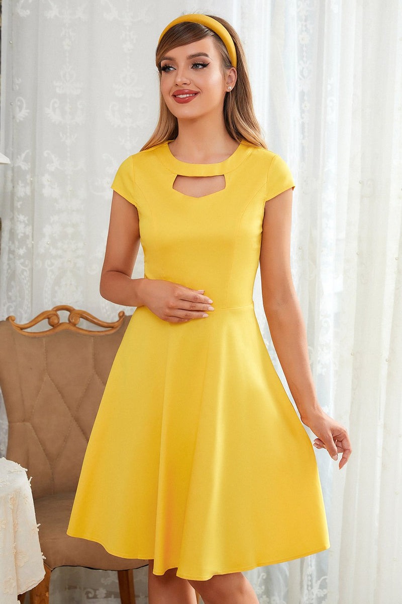 Load image into Gallery viewer, Yellow Round Neck Vintage Dress Keyhole