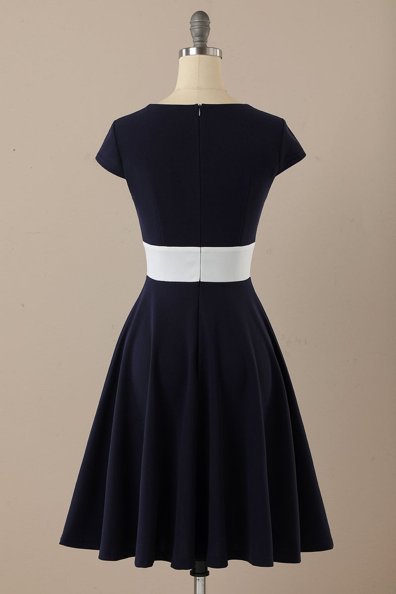 Load image into Gallery viewer, Navy Scoop 1950s Dress with Ruffles