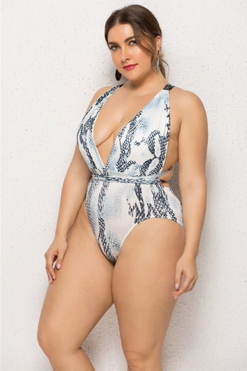 Plus Size Grey Printed One Piece Swimsuits