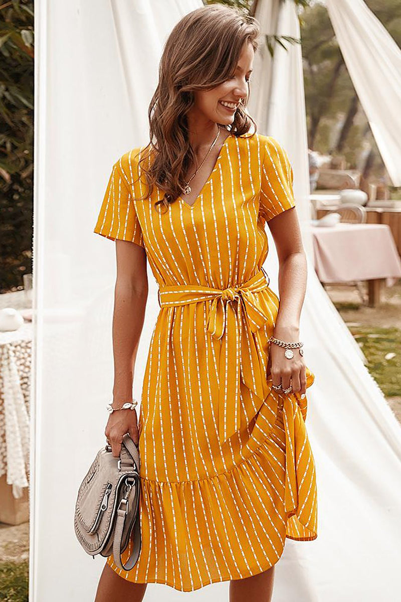 Load image into Gallery viewer, Yellow Striped Midi Casual Dress