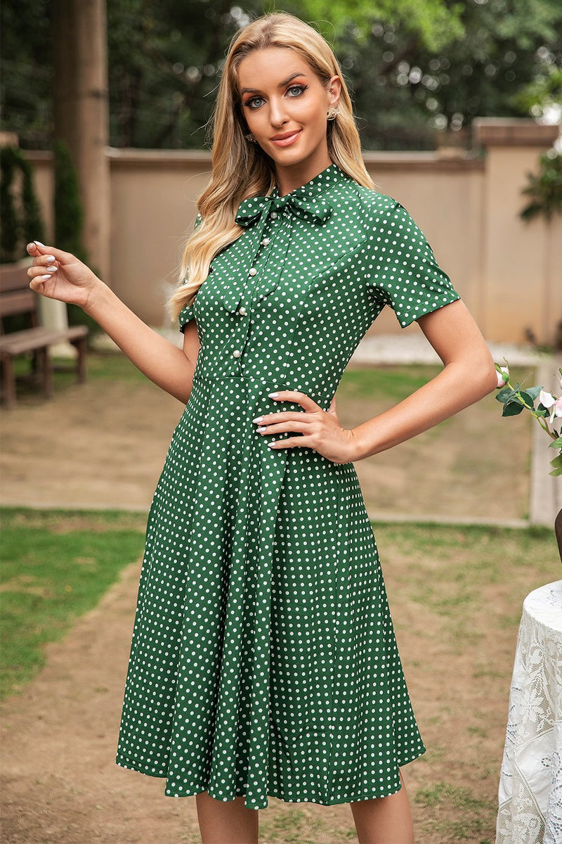 Load image into Gallery viewer, Green Polka Dots Vintage Summer Dress