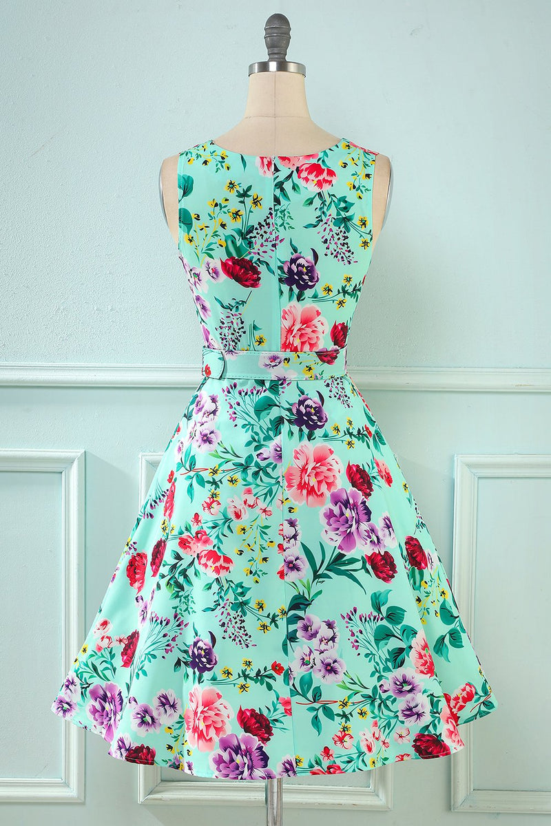 Load image into Gallery viewer, Green Flower Print 1950s Dress