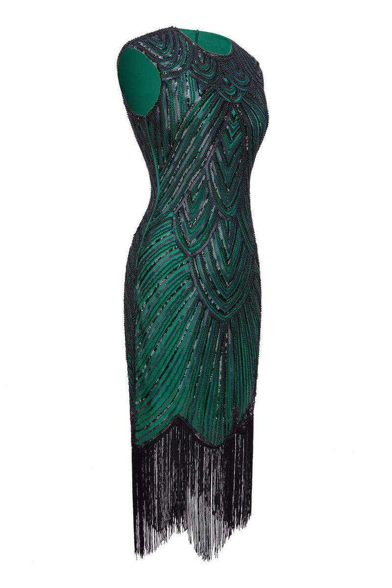 Load image into Gallery viewer, Green Sequin 1920s Fringe Flapper Dress