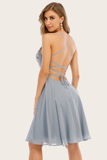 Grey Beaded Short Prom Dress