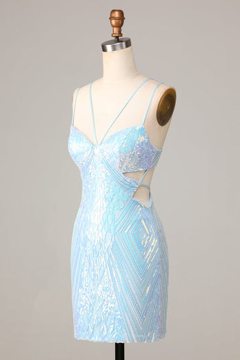 So Stunning Bodycon Spaghetti Straps Blue Sequins Short Homecoming Dress