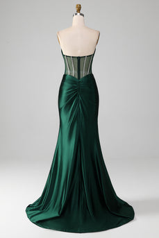 Dark Green Strapless Corset Mermaid Pleated Prom Dress