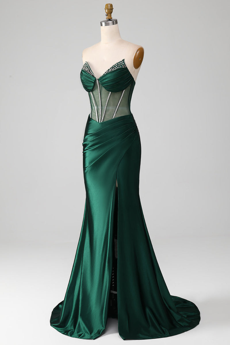 Zapaka Women Dark Green Strapless Corset Mermaid Pleated Prom Dress ...