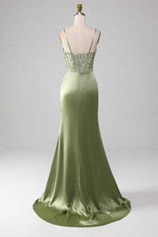 Sage Green Spaghetti Straps Satin Pleated Mermaid Corset Prom Dress