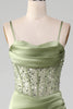 Load image into Gallery viewer, Sage Green Spaghetti Straps Satin Pleated Mermaid Corset Prom Dress