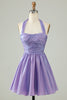 Load image into Gallery viewer, Purple Halter Open Back Sleeveless A Line Homecoming Dress