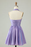 Purple Halter Open Back Sleeveless A Line Graduation Dress