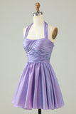 Purple Halter Open Back Sleeveless A Line Graduation Dress
